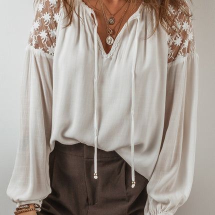 Lace Tie Neck Long Sleeve Blouse