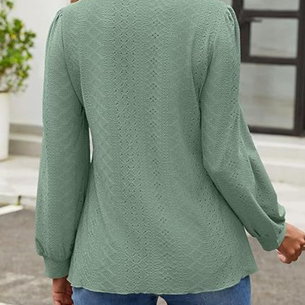 Eyelet Round Neck Long Sleeve Top