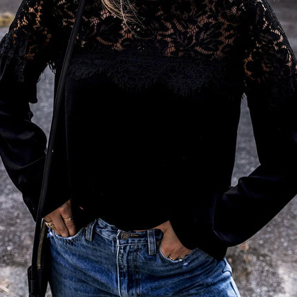 Lace Round Neck Long Sleeve Blouse