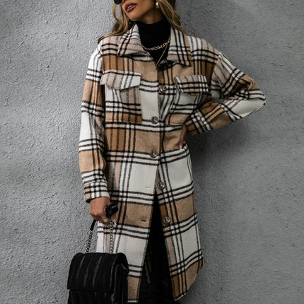 Plaid Collared Neck Long Sleeve Coat