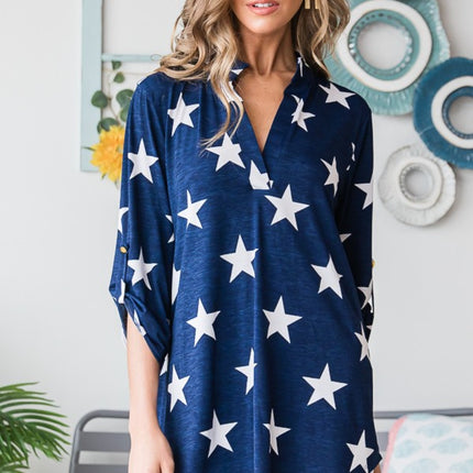 Heimish Full Size Roll-Tab Sleeve Star Print Top