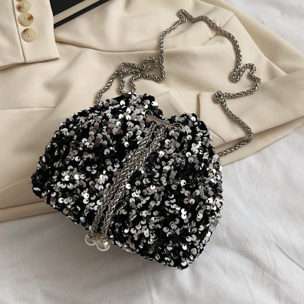 Sequin Chain Drawstring Bucket Bag