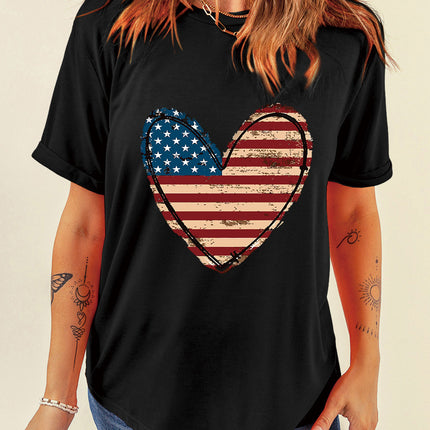 Stars and Stripes Heart Round Neck Short Sleeve T-Shirt