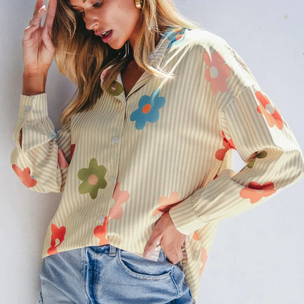 Striped Flower Button Up Long Sleeve Shirt