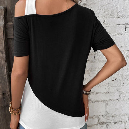 Contrast Asymmetrical Neck Short Sleeve T-Shirt