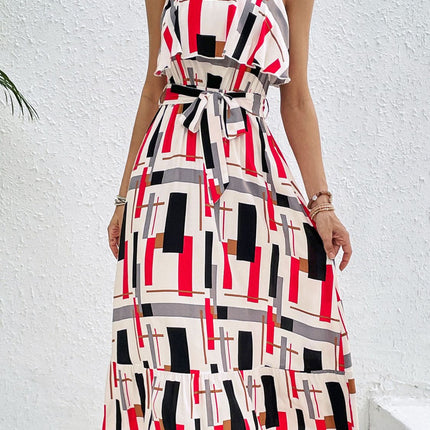 Ruffled Printed Tie Waist Midi Dress