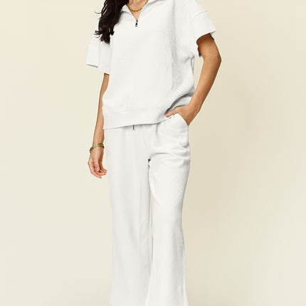 Double Take Full Size Texture Half Zip Short Sleeve Top and Pants Set - Vickie Lynn's