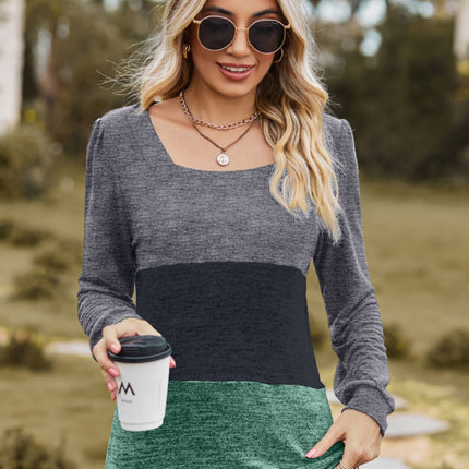 Color Block Square Neck Long Sleeve T-Shirt