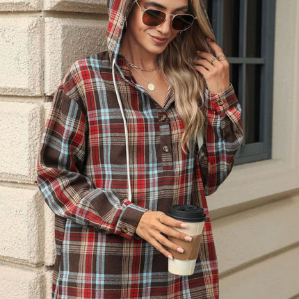 Drawstring Plaid Hooded Long Sleeve Top