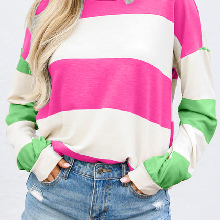 Contrast Color Block Round Neck Long Sleeve Top