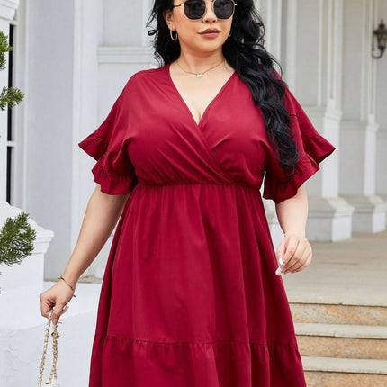 Plus Size Ruched Surplice Flounce Sleeve Mini Dress