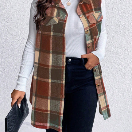 Honey Plus Size Pocketed Plaid Button Up Vest Coat - Vickie Lynn's