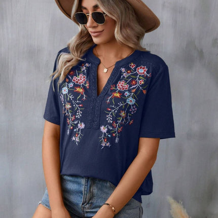 Embroidered Notched Short Sleeve T-Shirt