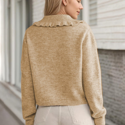 Frill Button Up Collared Neck Long Sleeve Cardigan