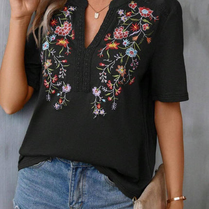 Embroidered Notched Short Sleeve T-Shirt