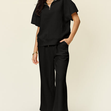 Double Take Full Size Texture Half Zip Short Sleeve Top and Pants Set - Vickie Lynn's