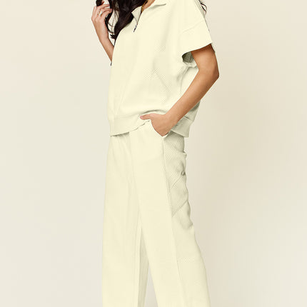 Double Take Full Size Texture Half Zip Short Sleeve Top and Pants Set - Vickie Lynn's