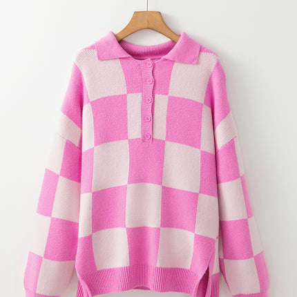 Slit Checkered Half Button Long Sleeve Sweater