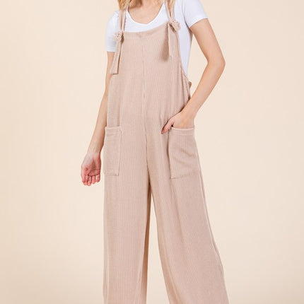 BOMBOM Knot Straps Wide Leg Ribbed Overalls with Pockets