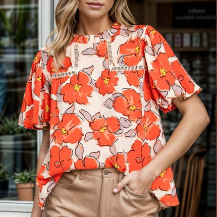 Printed Round Neck Short Sleeve Blouse