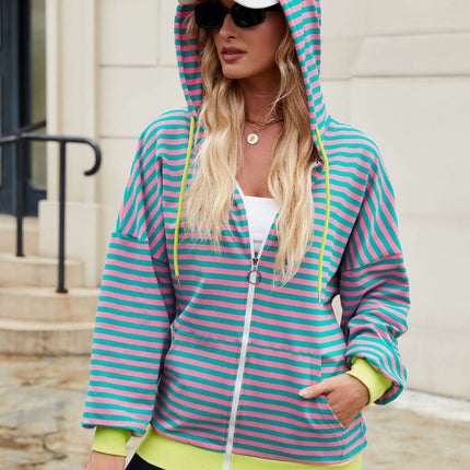 Drawstring Striped Zip Up Long Sleeve Hoodie