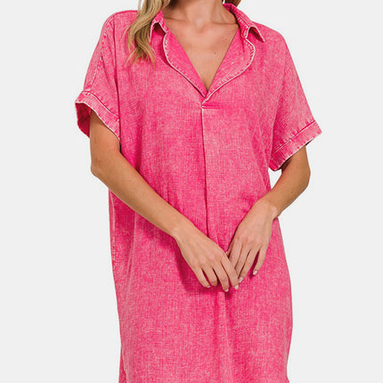 Zenana Washed Linen V-Neck Raw Hem Dress