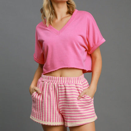 Umgee Elastic Waist Striped Shorts with Pockets