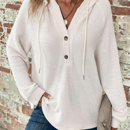 Waffle Knit Long Sleeve Drawstring Hooded Top