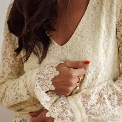 Lace Detail V-Neck Long Sleeve Blouse