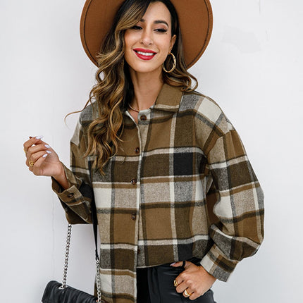Shiny Plaid Button Up Collared Neck Jacket
