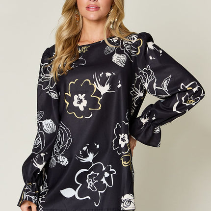 Double Take Full Size Printed Flounce Sleeve Blouse