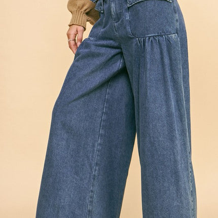 Davi & Dani Drawstring Hem Wide Leg Mid Rise Jeans