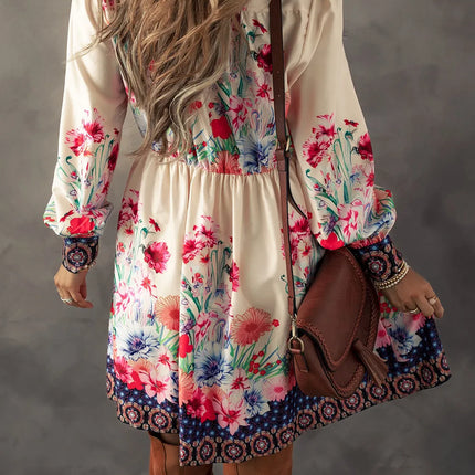 Flower Button Down Lantern Sleeve Dress