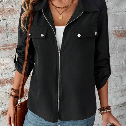 Zip Up Collared Neck Roll-Tab Sleeve Jacket