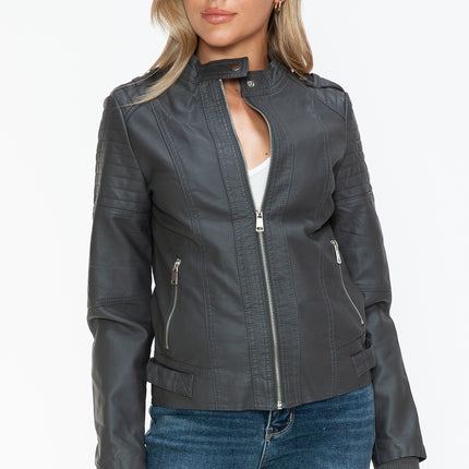 Snobbish PU Leather Biker Jacket with Side Zip Pockets