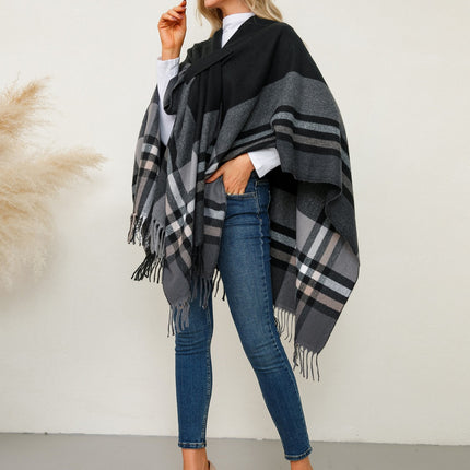 Fringe Contrast Plaid Poncho