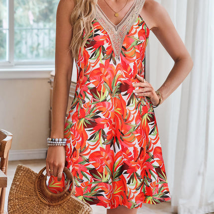 Lace Detail Printed V-Neck Sleeveless Dress