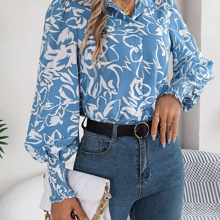 Printed Collared Neck Lantern Sleeve Shirt