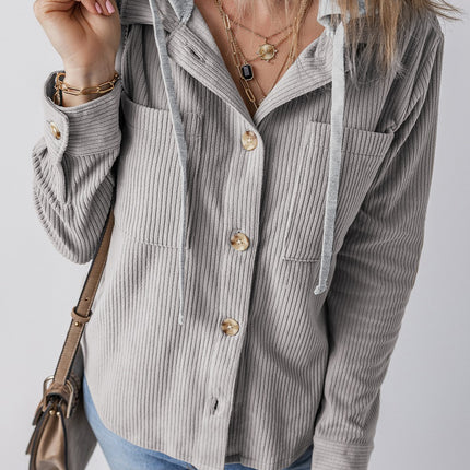 Drawstring Button Up Long Sleeve Hooded Jacket - Vickie Lynn's