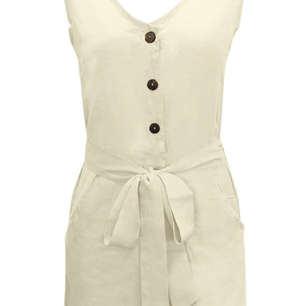 Full Size Tied V-Neck Sleeveless Romper with Pockets