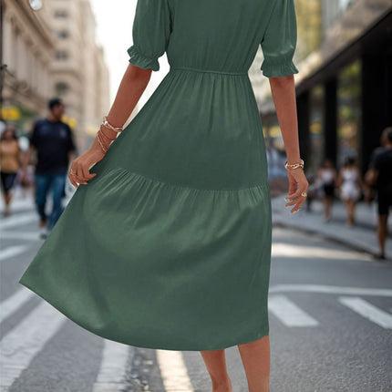 Ruched V-Neck Half Sleeve Midi Dress