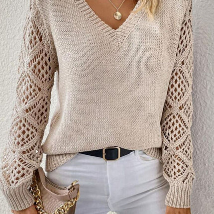 Openwork V-Neck Long Sleeve Sweater