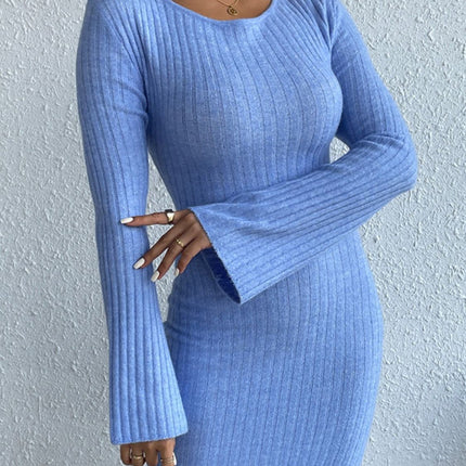 Backless Round Neck Long Sleeve Sweater Dress