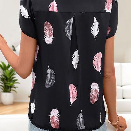 Printed V-Neck Short Sleeve Blouse