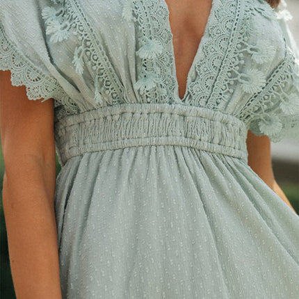 Lace Detail Plunge Short Sleeve Mini Dress