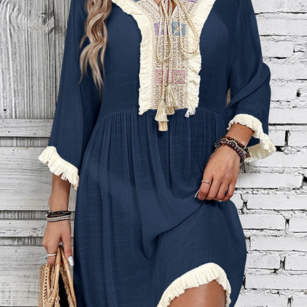 Fringe Tie Neck Three-Quarter Sleeve Cover Up