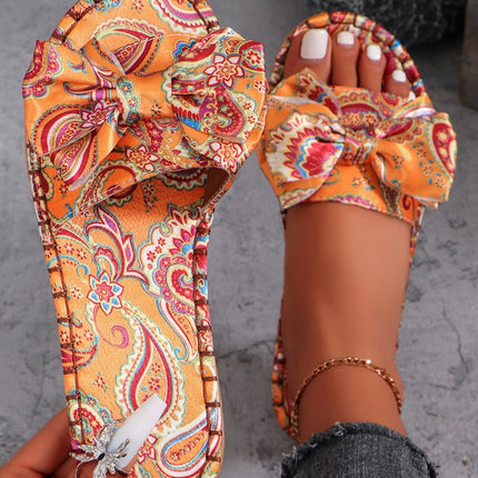 Bow Printed Open Toe Flat Sandals