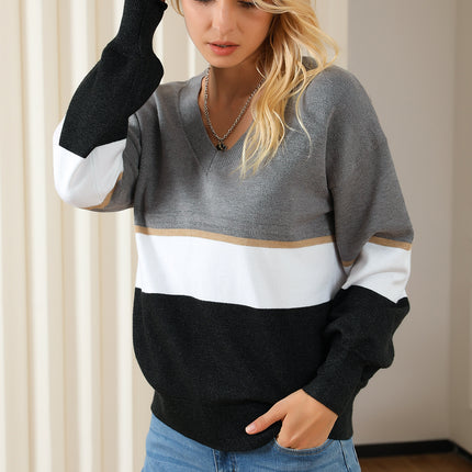 Color Block V Neck Long Sleeve Sweater