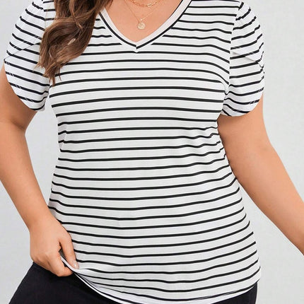 Plus Size Striped V-Neck Short Sleeve T-Shirt