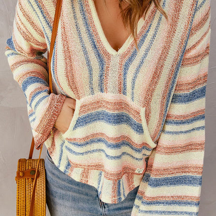 Contrast Striped Dropped Shoulder Hooded Knit Top